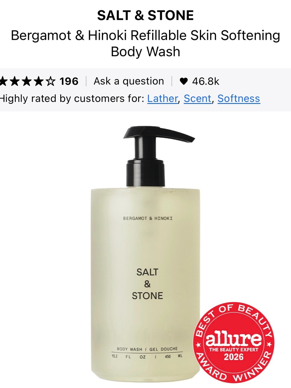Salt & Stone Bergamot & Hinoki Body Wash